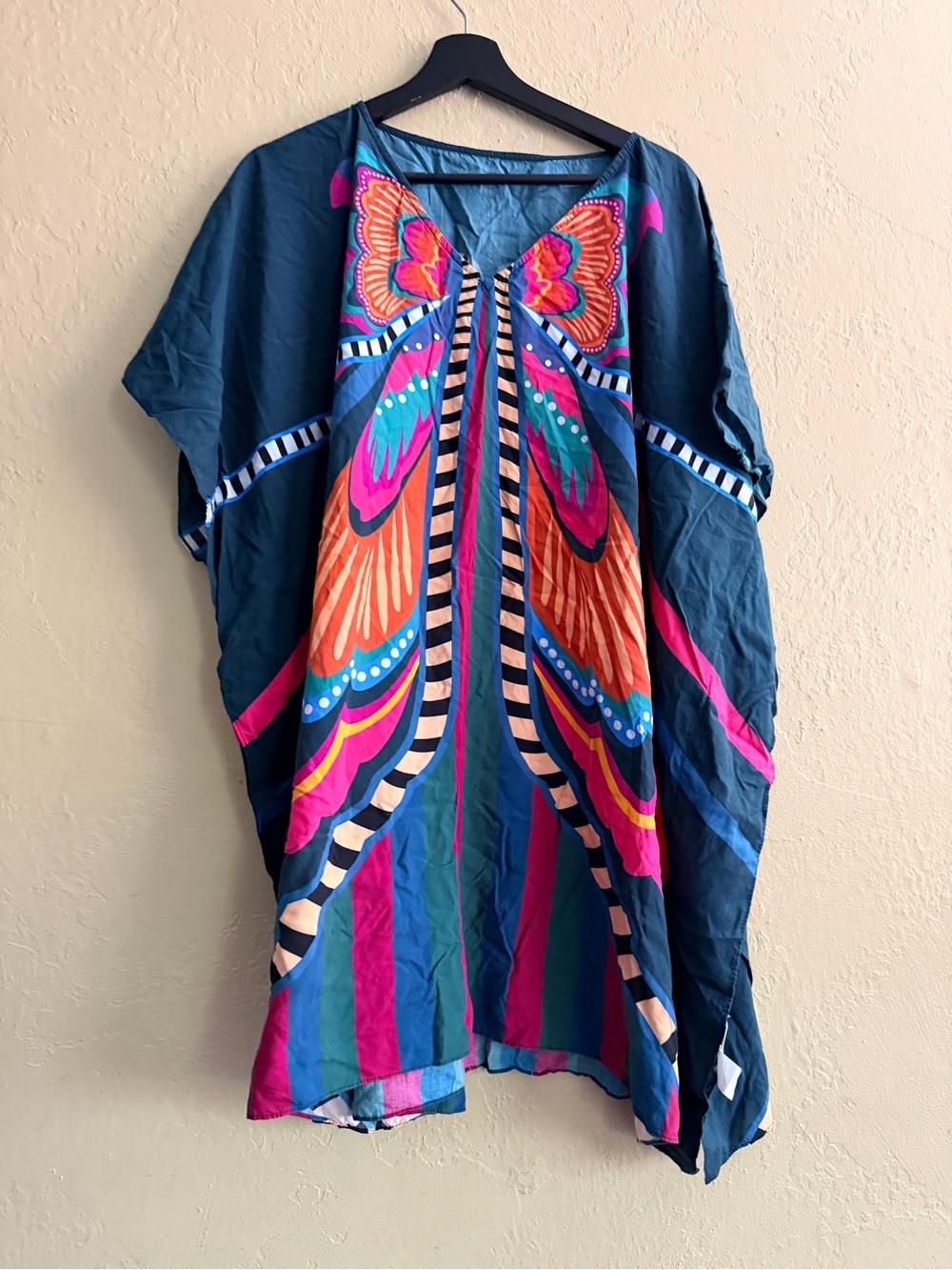 Boho Butterfly Print V-Neck Pancho in Teal & Multicolor